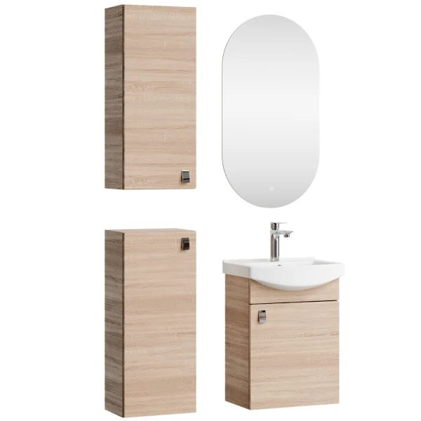 Badmöbel Set Waschtisch 45 cm mit Badspiegel mit Beleuchtung und 2x Midischrank, Sonoma Eiche