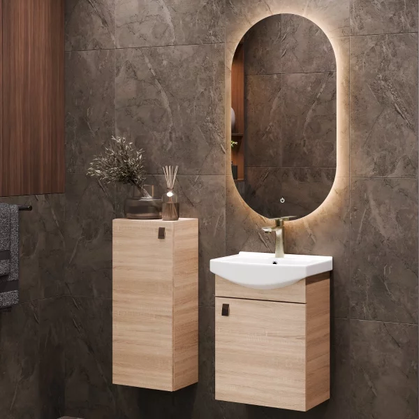 Badmöbel Set Waschtisch 45 cm mit Badspiegel mit Beleuchtung und 1x Midischrank, Sonoma Eiche