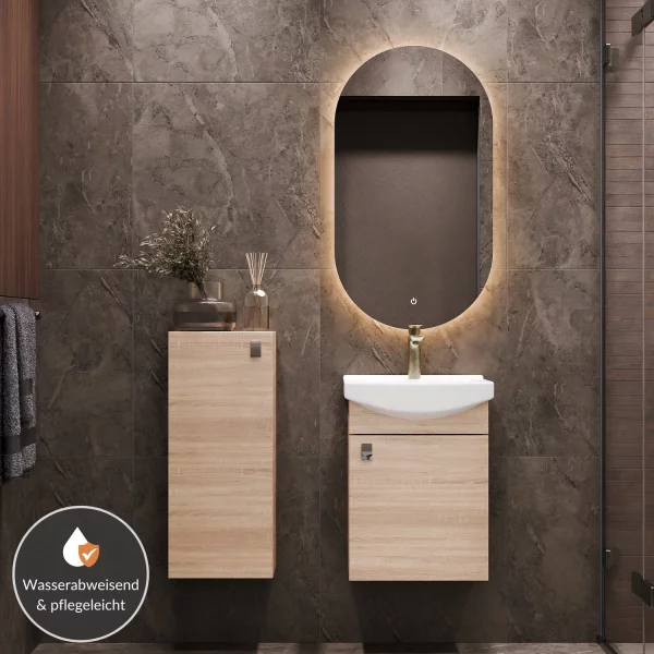 Badmöbel Set Waschtisch 45 cm mit Badspiegel mit Beleuchtung und 1x Midischrank, Sonoma Eiche