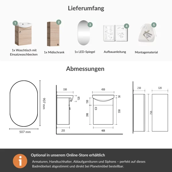 Badmöbel Set Waschtisch 45 cm mit Badspiegel mit Beleuchtung und 1x Midischrank, Sonoma Eiche