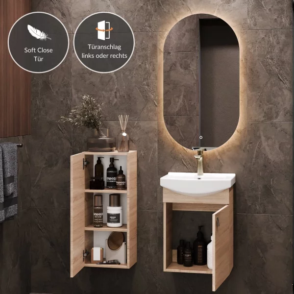 Badmöbel Set Waschtisch 45 cm mit Badspiegel mit Beleuchtung und 1x Midischrank, Sonoma Eiche