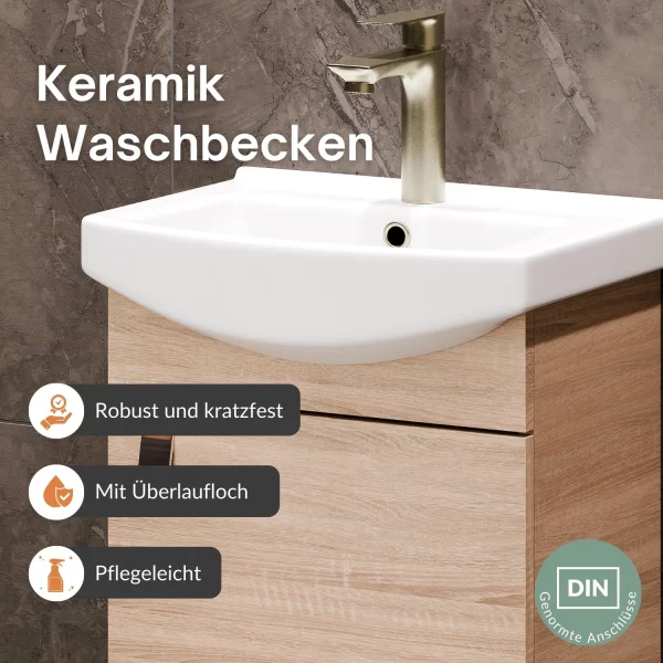 Badmöbel Set Waschtisch 45 cm mit Badspiegel mit Beleuchtung und 1x Midischrank, Sonoma Eiche