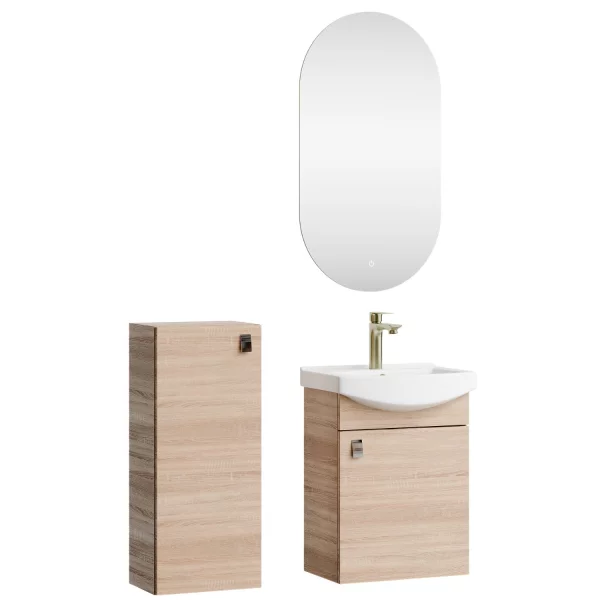 Badmöbel Set Waschtisch 45 cm mit Badspiegel mit Beleuchtung und 1x Midischrank, Sonoma Eiche