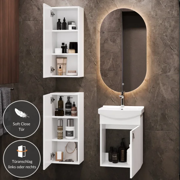 Badmöbel Set Waschtisch 45 cm mit Badspiegel mit Beleuchtung und 2x Midischrank, Weiß