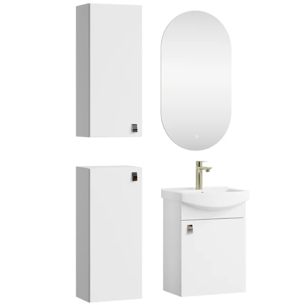 Badmöbel Set Waschtisch 45 cm mit Badspiegel mit Beleuchtung und 2x Midischrank, Weiß