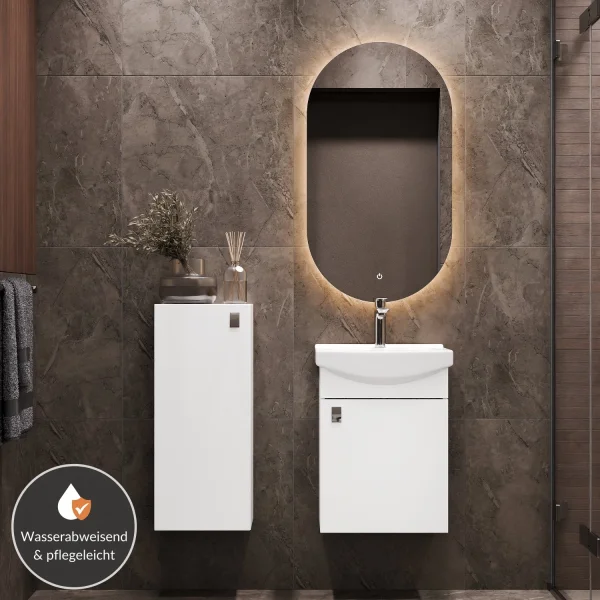 Set da bagno con lavabo da 45 cm, specchio da bagno illuminato e 1 mobiletto medio, bianco