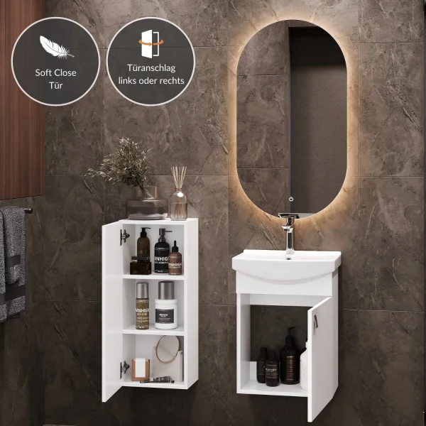 Set da bagno con lavabo da 45 cm, specchio da bagno illuminato e 1 mobiletto medio, bianco