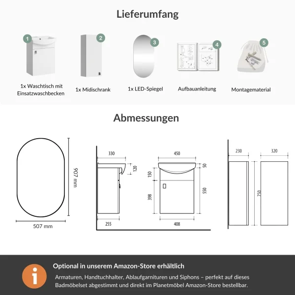 Set da bagno con lavabo da 45 cm, specchio da bagno illuminato e 1 mobiletto medio, bianco
