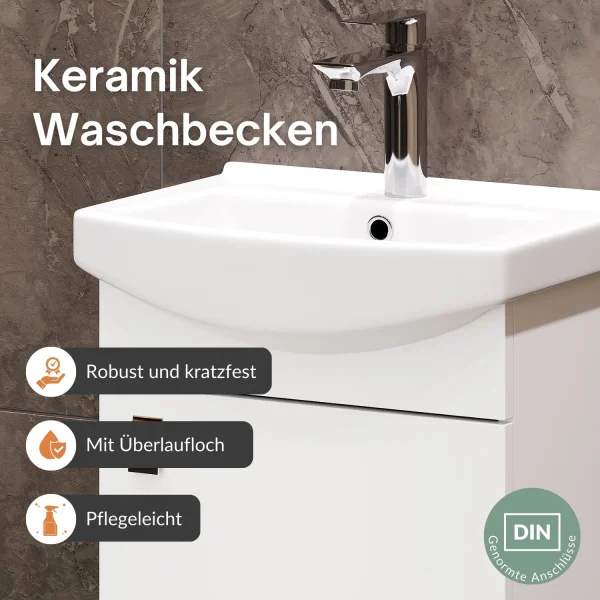 Set da bagno con lavabo da 45 cm, specchio da bagno illuminato e 1 mobiletto medio, bianco