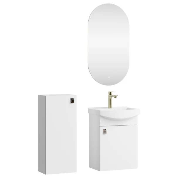 Set da bagno con lavabo da 45 cm, specchio da bagno illuminato e 1 mobiletto medio, bianco
