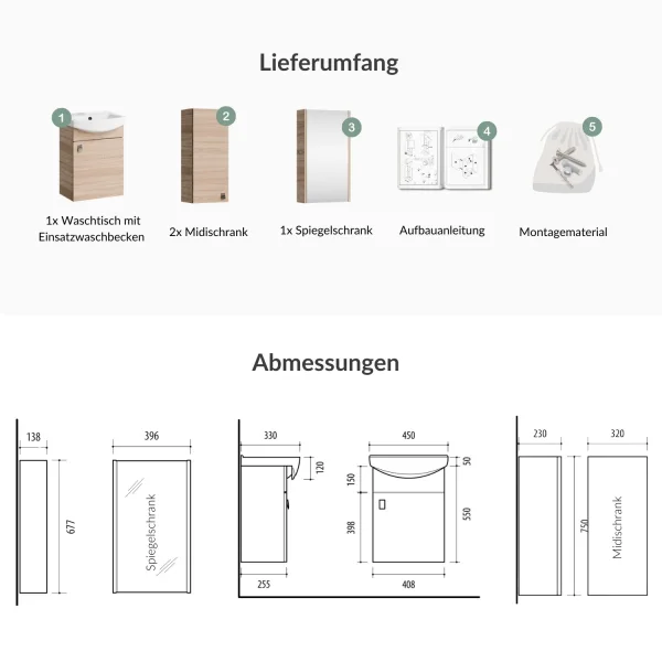 Meuble sous-lavabo de 45 cm avec armoire de toilette et 2 armoires « midi » de 32 cm (chêne Sonoma)