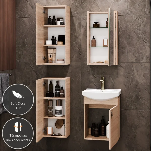 Meuble sous-lavabo de 45 cm avec armoire de toilette et 2 armoires « midi » de 32 cm (chêne Sonoma)