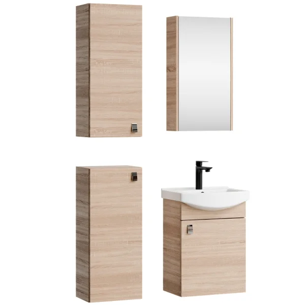 Meuble sous-lavabo de 45 cm avec armoire de toilette et 2 armoires « midi » de 32 cm (chêne Sonoma)