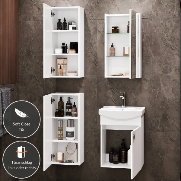 Meuble sous-vasque de 45 cm avec armoire de toilette et 2 armoires midi de 32 cm (blanc)
