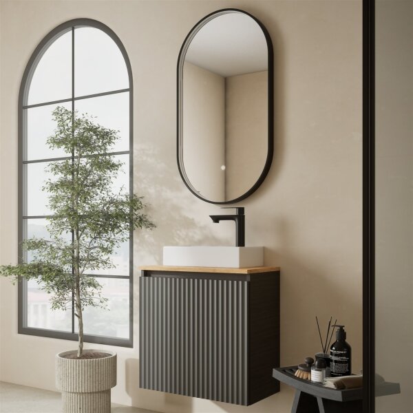 Badmöbel Set Waschtisch 55 cm anthrazit matt, Badspiegel GLORA mit Beleuchtung