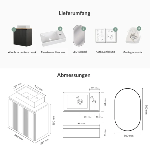 Badmöbel Set Waschtisch 55 cm anthrazit matt, Badspiegel GLORA mit Beleuchtung