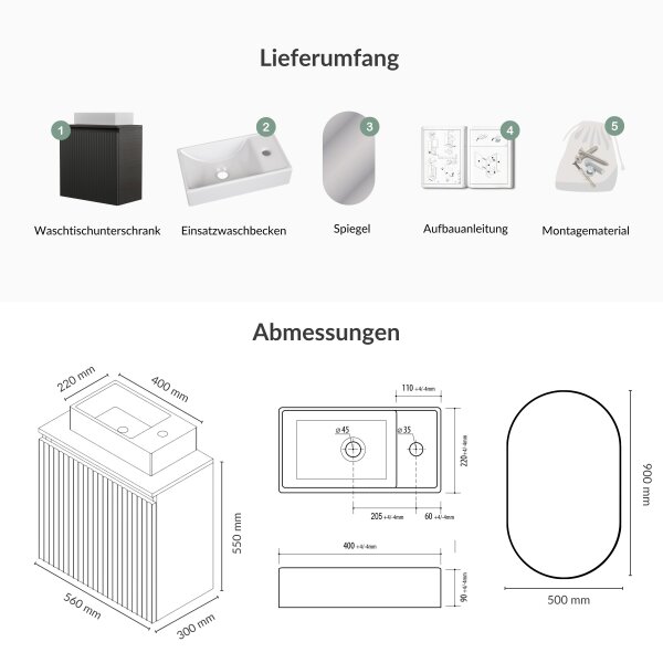 Badmöbel Set Waschtisch 55 cm in Matt Anthrazit mit Badspiegel