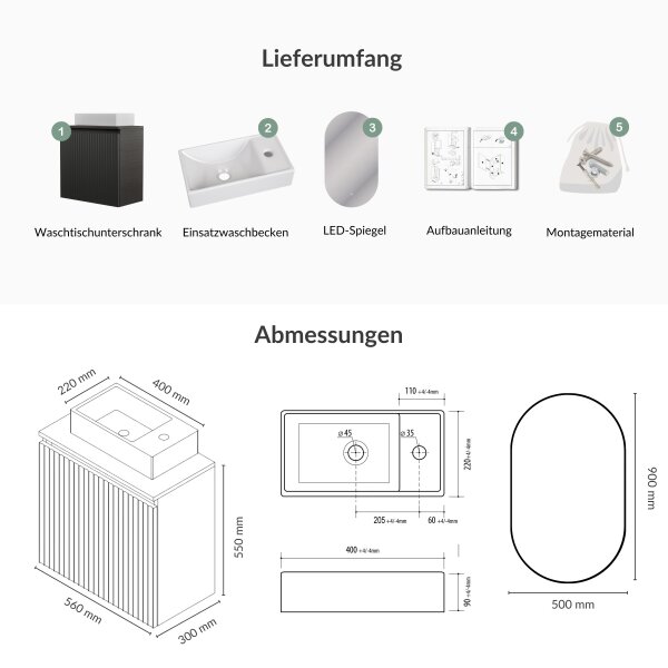 Badmöbel Set Waschtisch 55 cm in Matt Anthrazit mit LED Badspiegel