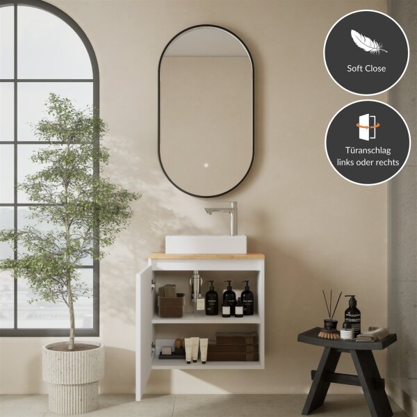Badmöbel Set Waschtisch 55 cm weiß matt, Badspiegel GLORA mit Beleuchtung