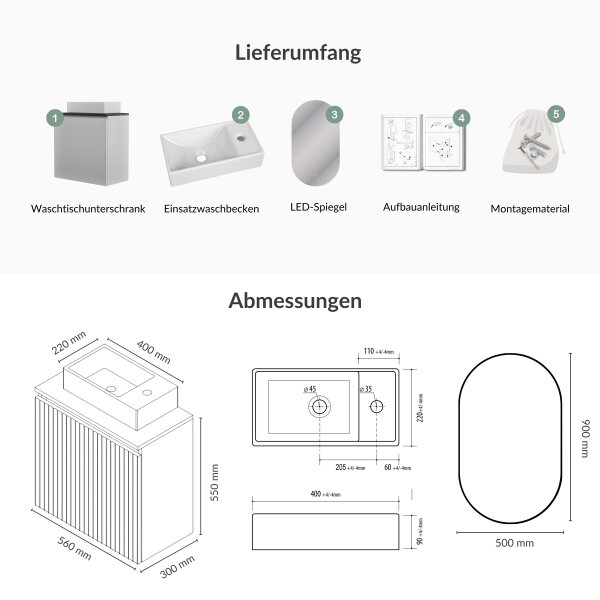 Bathroom Furniture Set 55 cm White Matte with Frameless LED Mirror