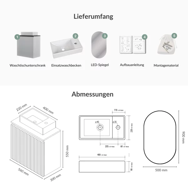 Badmöbel Set Waschtisch 55 cm in Matt Weiß mit LED Badspiegel