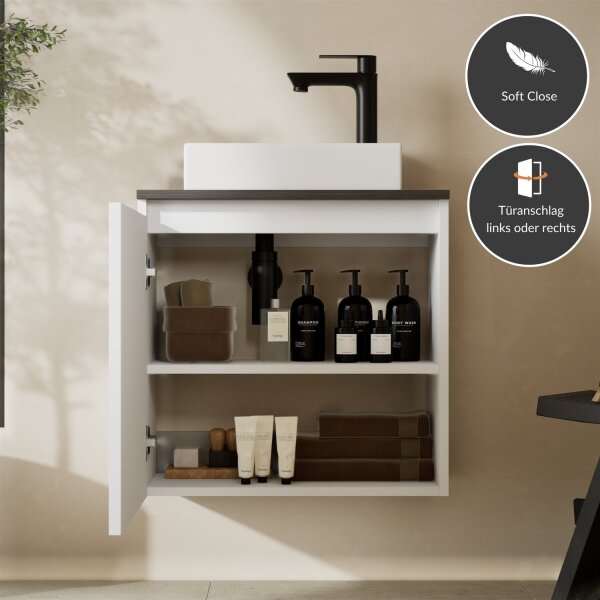 Washbasin unit 55 cm with basin – in matte white or anthracite + two countertops