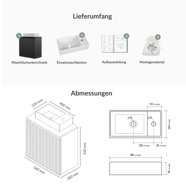 Waschtisch 55 cm in anthrazit matt mit Waschbecken & 2 Tischplatten