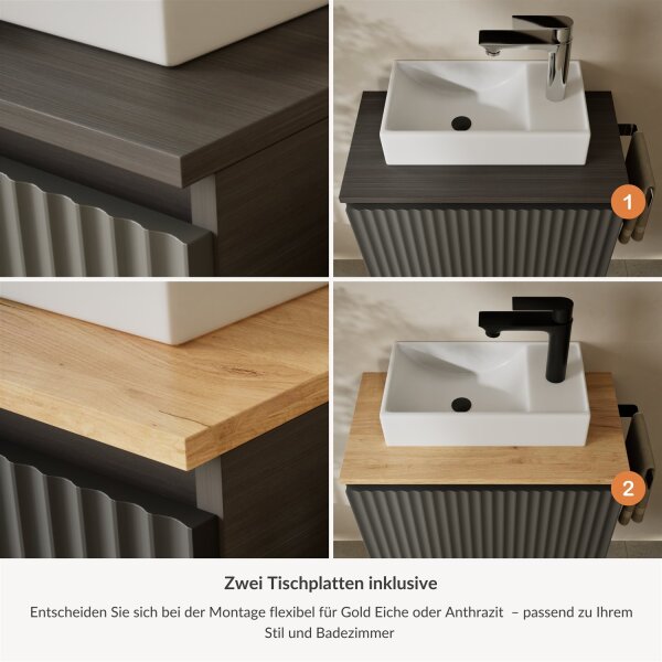 Waschtisch 55 cm in anthrazit matt mit Waschbecken & 2 Tischplatten