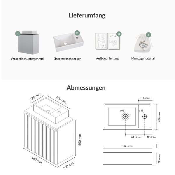 Waschtisch 55 cm in weiß mit Waschbecken & 2 Tischplatten