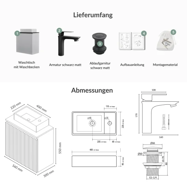 55-cm sink with faucet and drain assembly