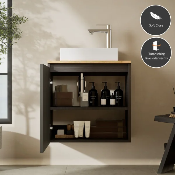 Lavabo de 55 cm en antracita mate, grifo y accesorios cromados