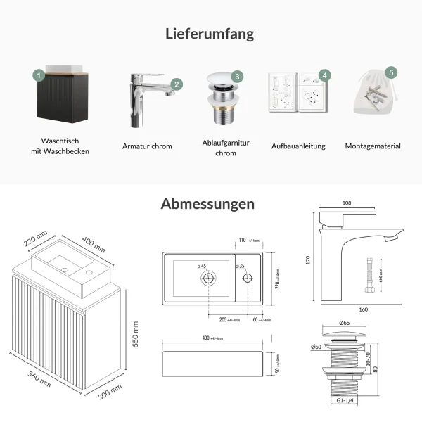 Lavabo de 55 cm en antracita mate, grifo y accesorios cromados