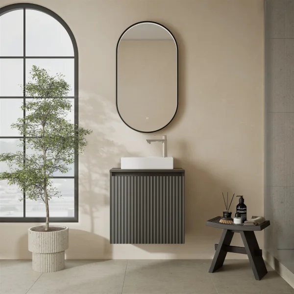 Lavabo de 55 cm en antracita mate, grifo y accesorios cromados