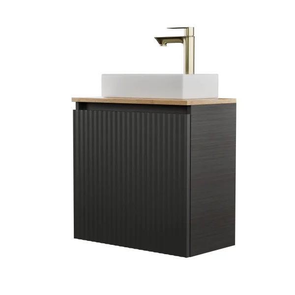 Lavabo de 55 cm en antracita mate, grifería y accesorios en dorado cepillado