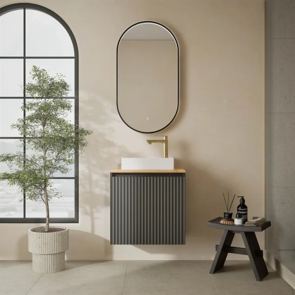 Lavabo de 55 cm en antracita mate, grifería y accesorios en dorado cepillado