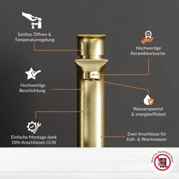 Lavabo de 55 cm en antracita mate, grifería y accesorios en dorado cepillado
