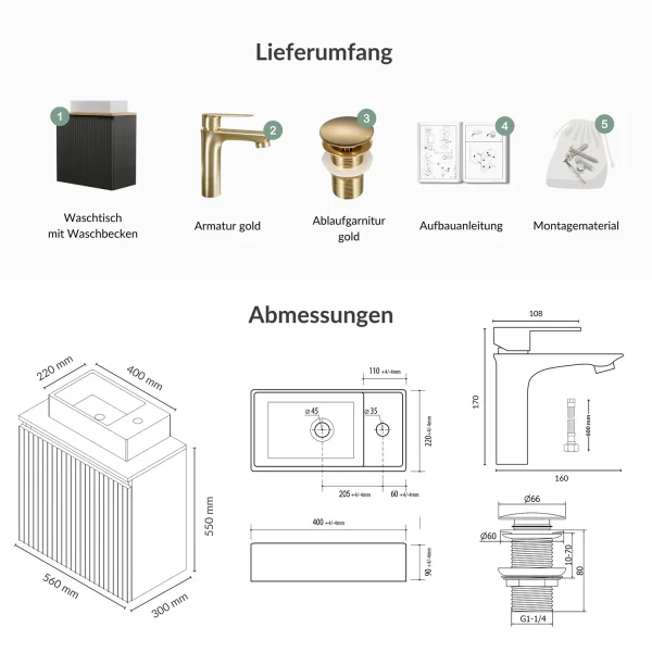 Lavabo de 55 cm en antracita mate, grifería y accesorios en dorado cepillado