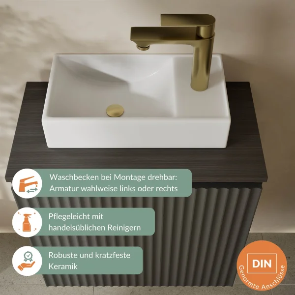 Lavabo de 55 cm en antracita mate, grifería y accesorios en dorado cepillado