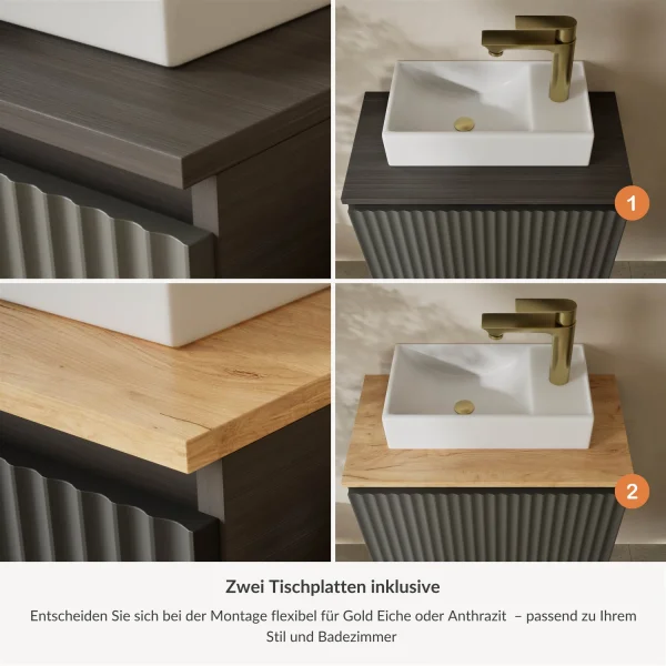 Lavabo de 55 cm en antracita mate, grifería y accesorios en dorado cepillado