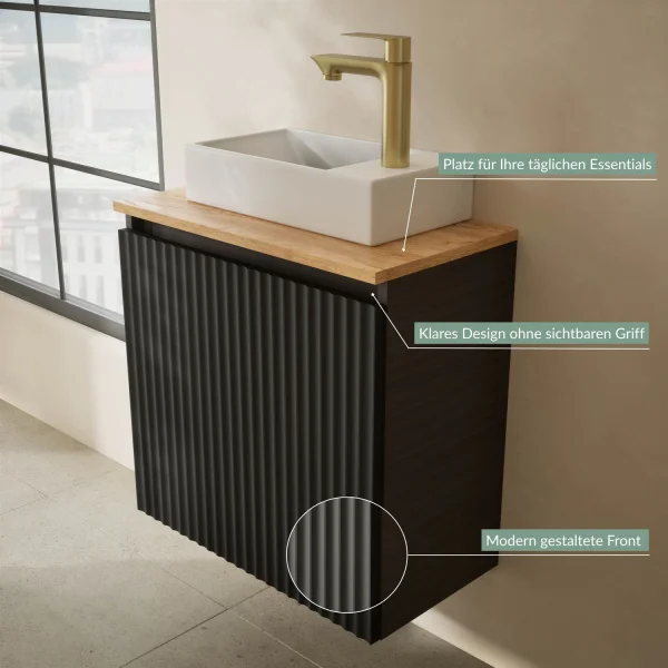 Lavabo de 55 cm en antracita mate, grifería y accesorios en dorado cepillado