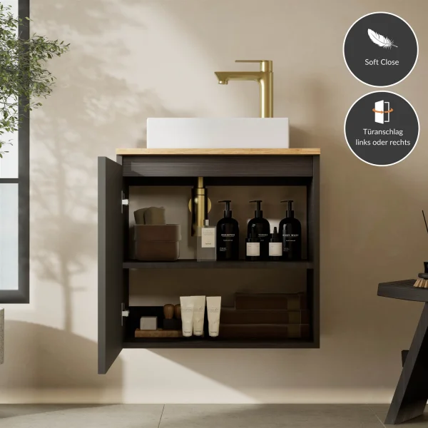 Lavabo de 55 cm en antracita mate, grifería y accesorios en dorado cepillado