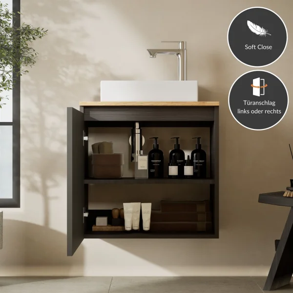Lavabo de 55 cm en antracita mate, grifería y accesorios en negro mate