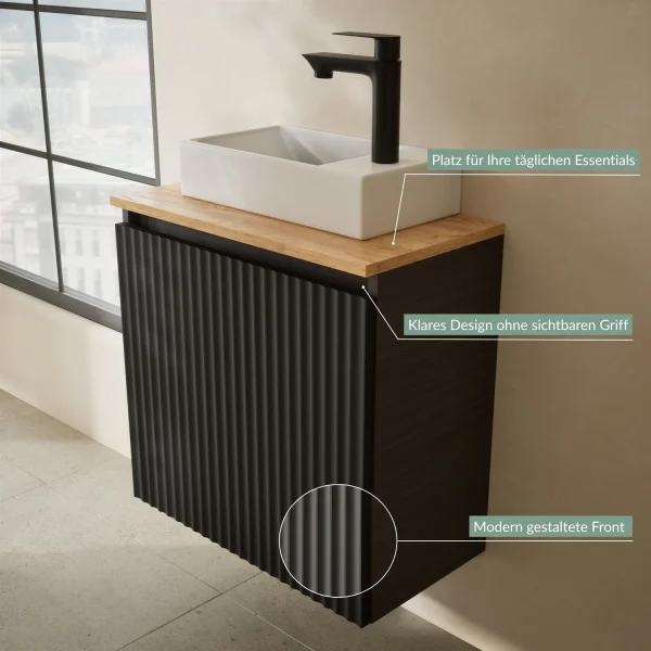 Lavabo de 55 cm en antracita mate, grifería y accesorios en negro mate