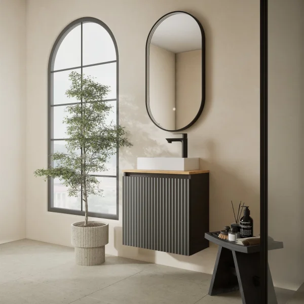 Lavabo de 55 cm en antracita mate, grifería y accesorios en negro mate