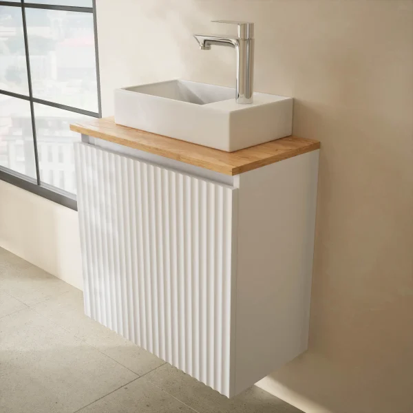 Lavabo 55 cm, blanc mat, robinetterie et accessoires chromés