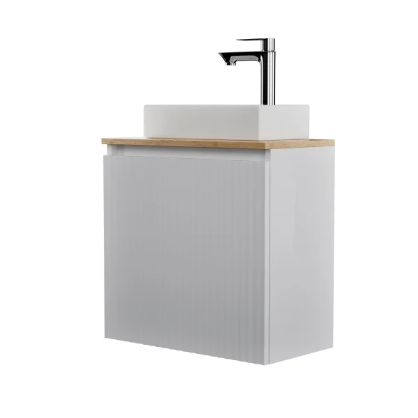Lavabo 55 cm, blanc mat, robinetterie et accessoires chromés