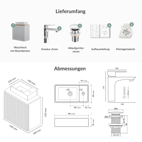 Lavabo 55 cm, blanc mat, robinetterie et accessoires chromés