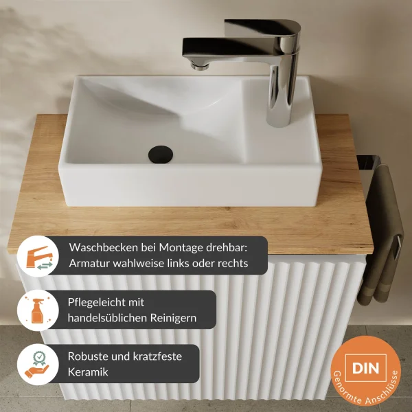 Lavabo 55 cm, blanc mat, robinetterie et accessoires chromés