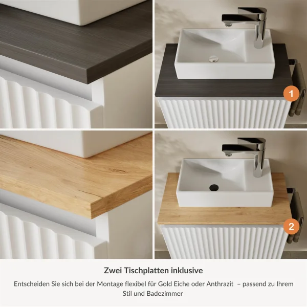 Lavabo 55 cm, blanc mat, robinetterie et accessoires chromés