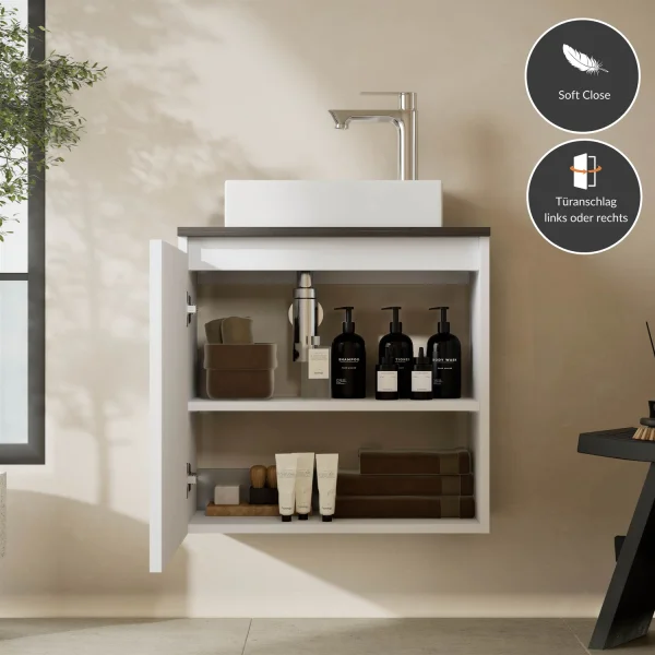 Lavabo 55 cm, blanc mat, robinetterie et accessoires chromés